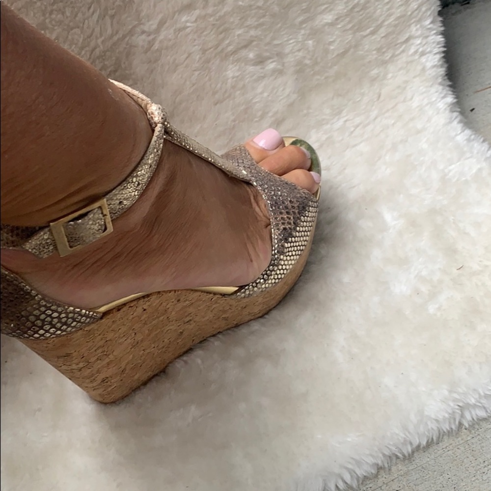 Jimmy Choo gold wedge T Strap shoes